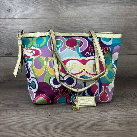 Coach Tote Purse Poppy C Signature Print Gold Trim Rainbow Graffiti F1220-F19434 - Picture 1 of 16